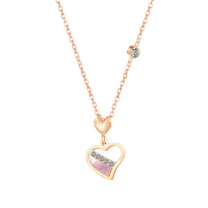 Ocelový náhrdelník v měděné barvě, nepravidelný obrys srdce, perleť, čiré zirkony