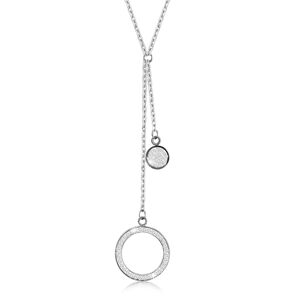 Ocelový náhrdelník - velký obrys kruhu s krystalky, plochý kroužek, přívěsky ve stříbrné barvě