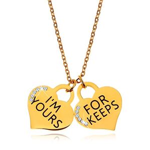 Ocelový náhrdelník zlaté barvy, dva srdíčkové přívěsky s nápisy a zirkonky