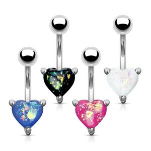 Ocelový piercing do břicha stříbrné barvy - barevné srdce s imitací opálu - Barva: Růžová