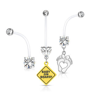 Ocelový piercing do pupíku pro těhotné ženy, otisky nohou, "BABY ON BOARD!", zirkon, 3ks