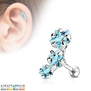Ocelový piercing do tragu ucha, oblouk ze tří zirkonových hvězdiček - Barva zirkonu: Aqua modrá - Q