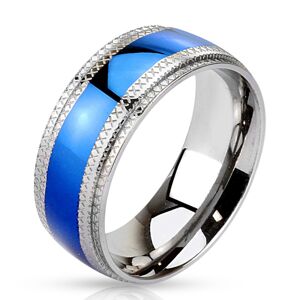 Ocelový prsten - modrý pruh uprostřed, vroubkované okraje - Velikost: 66