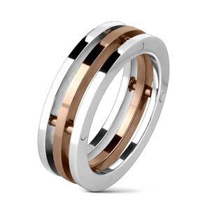 Ocelový prsten - tři pruhy, středový pás měděné barvy - Velikost: 72