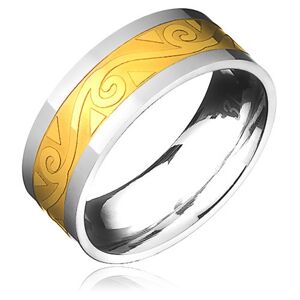 Ocelový prsten - zlato-stříbrný s motivem spirál ve vlnce - Velikost: 67