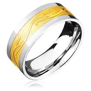 Ocelový prsten - zlato-stříbrný se zvlněným ornamentem - Velikost: 62
