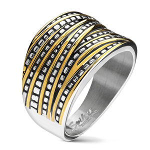 Ocelový prstýnek stříbrné barvy - asymetrické pásy ve stříbrno-zlatém odstínu, zužující se - Velikost: 70
