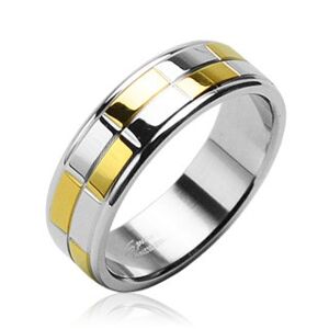 Ocelový snubní prsten se zlatými a stříbrnými lesklými obdélníky - Velikost: 63