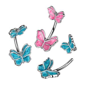 Piercing do břicha z oceli - motýl v růžové nebo modré barvě, pokovený rhodiem - Barva: Růžová
