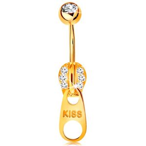 Piercing do bříška ve žlutém 14K zlatě - zip zdobený zirkonky a nápisem KISS