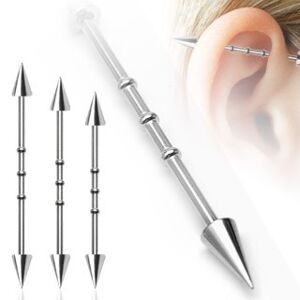 Piercing do ucha se třemi malými kroužky a hrotovým  zakončením - Délka piercingu: 32 mm
