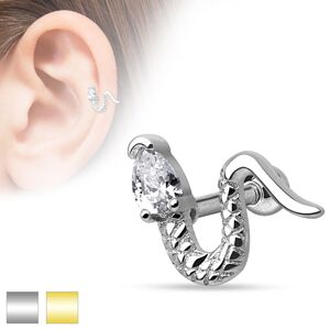 Piercing do ucha z chirurgické oceli - zvlněný had s trojúhelníkovým zirkonem - Barva piercing: Stříbrná