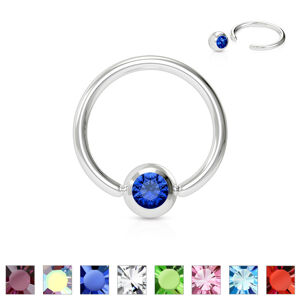 Piercing z chirurgické oceli - kroužek s barevným krystalkem v kulaté objímce - Rozměr: 1,6 mm x 11 mm, Barva zirkonu: Aqua modrá - Q