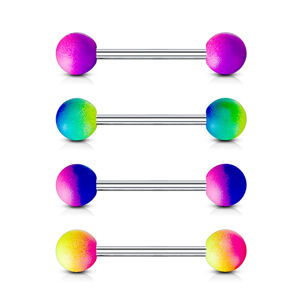 Piercing z oceli 316L do jazyka - činka s dvoubarevnými pogumovanými kuličkami, různé barevné variace - Barva piercing: Růžová - Žlutá