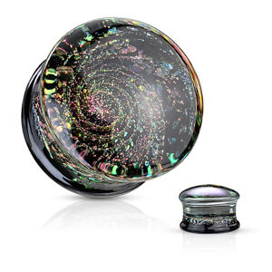 Plug ze skla - černá spodní část s vícebarevnými třpytkami, motiv vesmíru - Tloušťka : 16 mm