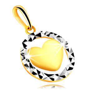 Přívěsek v 375 kombinovaném zlatě - obrys kruhu s trojúhelníkovým řezem, vypouklé srdce
