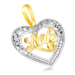 Přívěsek v 9K zlatě - lesklé souměrné srdíčko s nápisem "Love"