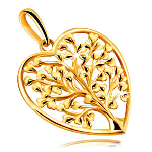Přívěsek ve žlutém zlatě 585 - kontura srdce s rozvětveným stromem života