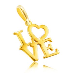 Přívěsek z 9K žlutého zlata - nápis "LOVE" velkými písmeny, srdíčko jako písmeno O