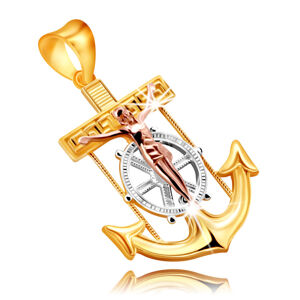 Přívěsek z kombinovaného 14K zlata - námořnická kotva s Ježíšem na kříži