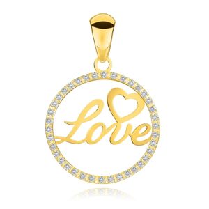 Přívěsek ze 14karátového žlutého zlata - nápis Love a srdce v obruči ze zirkonů