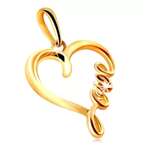 Přívěsek ze žlutého 375 zlata - lesklá kontura srdce s nápisem "Love"