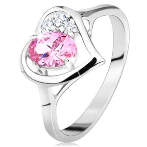 Prsten stříbrné barvy, obrys srdíčka s růžovým oválem a čirými zirkonky - Velikost: 57