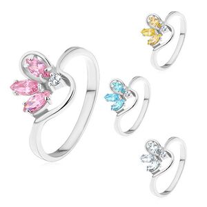 Prsten stříbrné barvy, poloviční barevný květ ze zirkonů, zvlněná ramena - Velikost: 60, Barva: Růžová