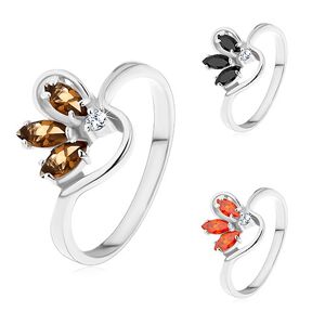 Prsten stříbrné barvy, zvlněná ramena, poloviční barevný květ ze zirkonů - Velikost: 54, Barva: Oranžová