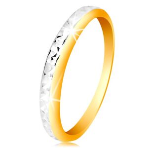 Prsten ve 14K zlatě - dvoubarevný kroužek, drobné blýskavé zářezy - Velikost: 56