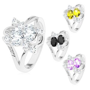 Prsten ve stříbrném odstínu, dva broušené barevné ovály, čiré zirkonky - Velikost: 50, Barva: Čirá