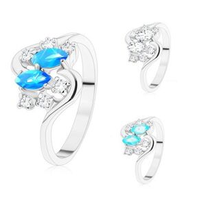 Prsten ve stříbrném odstínu, dvě barevná zrnka a kulaté zirkony čiré barvy - Velikost: 59, Barva: Modrá