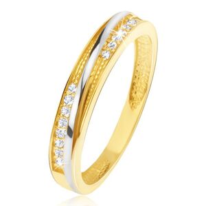 Prsten ve žlutém 14K zlatě - ozdobné trojúhelníkové zářezy, zirkony - Velikost: 53