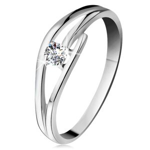 Prsten z bílého zlata 585 s třpytivým diamantem, rozdělená zvlněná ramena - Velikost: 51