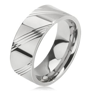 Prsten z chirurgické oceli - lesklá obroučka na prst, čtyři šikmé rýhy v úsecích - Velikost: 62