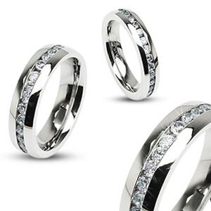 Prsten z chirurgické oceli stříbrné barvy, pás čirých zirkonů - Velikost: 54