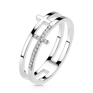 Prsten z nerezové oceli - hladký a zirkonový kříž, stříbrná barva - Velikost: 49