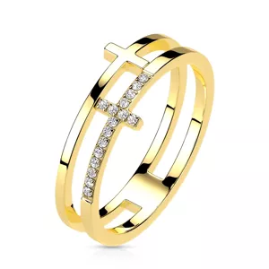 Prsten z nerezové oceli - hladký a zirkonový kříž, zlatá barva - Velikost: 54