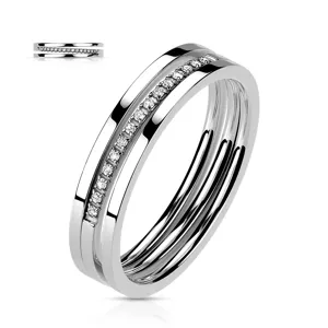 Prsten z nerezové oceli - trojitá linie, čirý zirkon, stříbrná barva - Velikost: 57