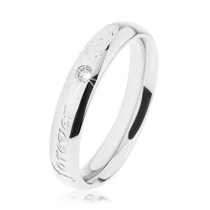 Prsten z oceli 316L, stříbrná barva, gravírovaný nápis, čirý zirkonek - Velikost: 60