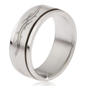 Prsten z oceli - matná točící se obruč, šedý potisk tribal motivu  - Velikost: 70