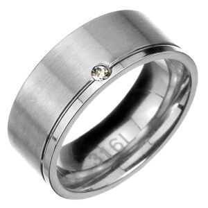 Prsten z oceli - matný pás s lesklým zářezem a zirkonem na okraji - Velikost: 57