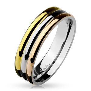 Prsten z oceli - tři lesklé pruhy v měděné, zlaté a stříbrné barvě, 6 mm - Velikost: 55