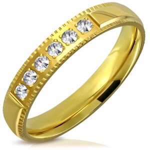 Prsten z oceli ve zlatém barevném odstínu - ozdobné hrany, šest zirkonků, 4 mm - Velikost: 62