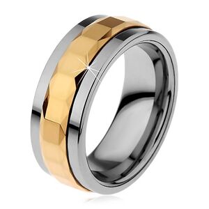 Prsten z wolframu, stříbrná a zlatá barva, otáčivý středový pás se čtverci, 8 mm - Velikost: 65