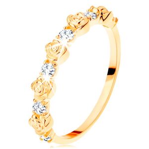 Prsten ze žlutého 14K zlata - střídající se růžičky a kulaté čiré zirkony - Velikost: 65