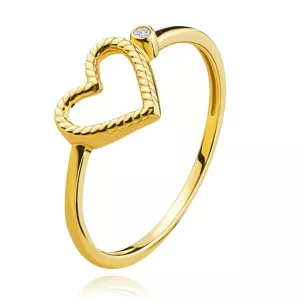 Prsten ze žlutého zlata 585 - vroubkované srdce, kulatý zirkon - Velikost: 51