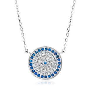 Rhodiovaný náhrdelník, stříbro 925, kruh s modrými a čirými zirkony