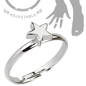 Rhodiovaný nastavitelný stříbrný prsten, lesklá pěticípá hvězda - Velikost: 52