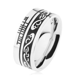 Široký prsten, ocel 316L, černý pruh, keltský vzor, lem stříbrné barvy - Velikost: 57